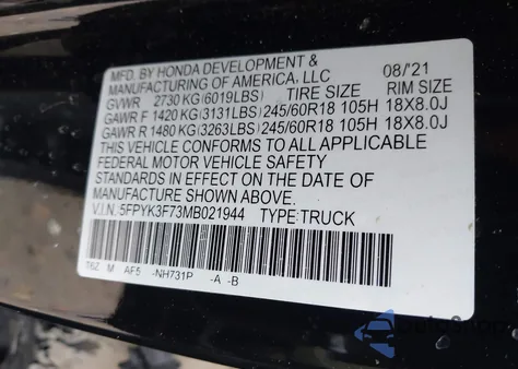 2021 Honda Ridgeline Rtl-E z USA, uszkodzony, nr VIN 5FPYK3F73MB021944